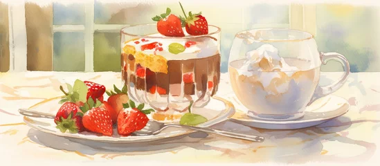 Schilderijen op glas In the background of the vintage illustration a white fabric adorned with whimsical watercolor designs showcased a delicious summer breakfast spread featuring a mouthwatering strawberry cake © TheWaterMeloonProjec