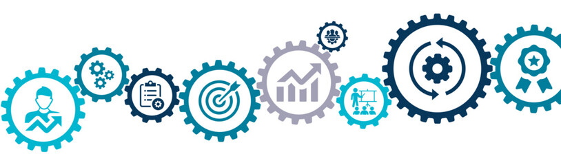 Productivity and production capacity banner vector illustration with the icon of industrial management, efficiency, efficient progress, lean cost, growth, planning, utilization, operational excellence - obrazy, fototapety, plakaty