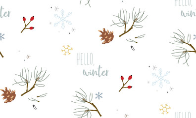Winter seamless pattern with pine branches and snowflakes