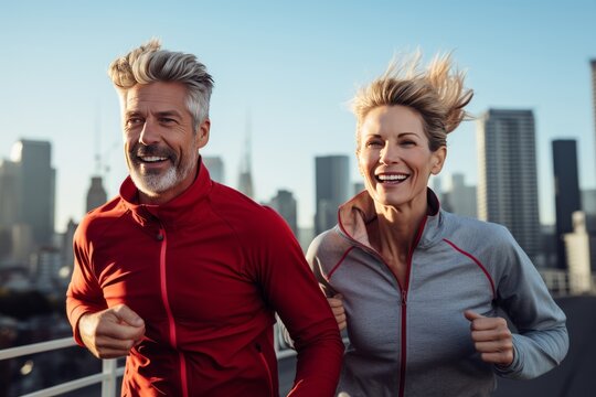 Adult Caucasian couple in sportswear jogging in the morning city. Mature athletic man and woman having fun and smiling while running along the street. Active lifestyle in urban environment.