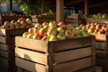 Organic fruit storage. Wooden boxes filled with large green apples in a storage room on a wooden container floor.