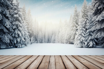 Empty wooden table on winter scenic nature with snow and trees