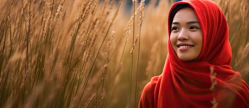 A happy Asian woman wearing a red hijab stands in front of a beautiful nature background surrounded by tall grass symbolizing the concept of love and connection between people In her portrai