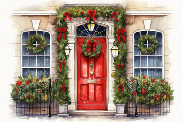 Decorated front door with Christmas tree and decorations