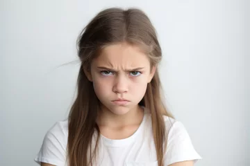 Fotobehang Portrait of little sullen girl frowning eyebrows and looking at camera with dislike. Cute little girl is upset, offended and ready to cry. Beautiful child expresses negative emotion with face and pose © Georgii