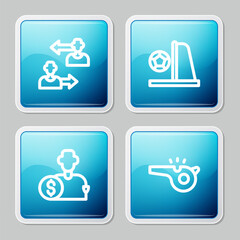 Set line Substitution football player, Football goal with, Buy and Whistle icon. Vector