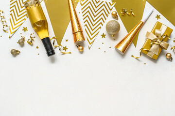 Beautiful composition with party set for New Year celebration on white background