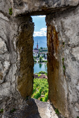 Scenery colorful spring tourist view from the destination and region around Werdenberg Castle, Switzerland or Schloss Werdenberg near the city of Bucks