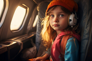 Little kid sitting inside plane first flight dreamy face looking illuminator Generative AI