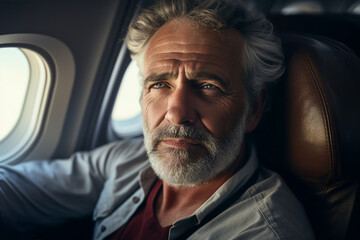 Generative AI picture portrait of aged woman man traveler person inside modern jet plane