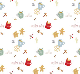 Winter seamless pattern with cups and gingerbread cookies