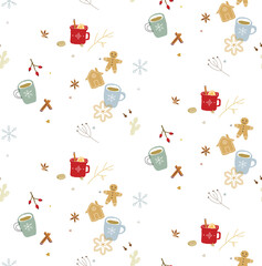 Winter seamless pattern with cups and gingerbread cookies