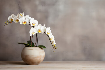 white orchid in a pot with a grunge wall background with copyspace - obrazy, fototapety, plakaty