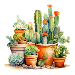 watercolor painting of cactus in pots folkloric theme