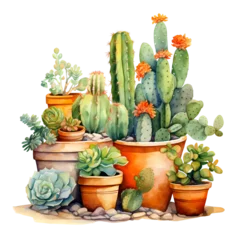 Fotobehang Cactus in pot watercolor painting of cactus in pots folkloric theme
