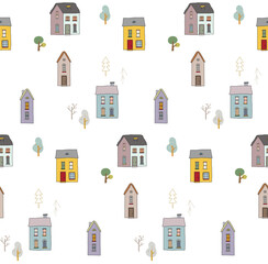 Seamless pattern with houses and trees