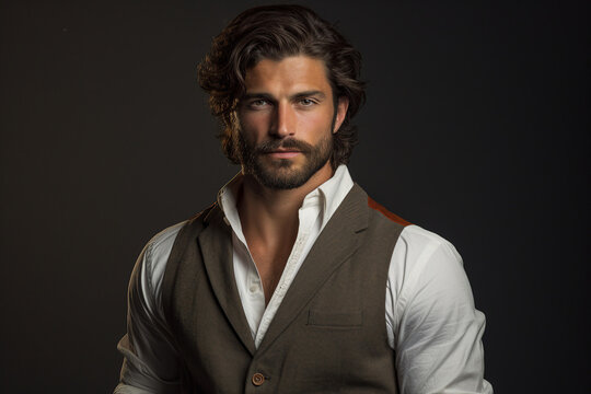 Picture of a handsome groomed man created with generative ai technology isolated on dark grey background