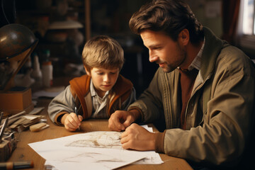 Fototapeta na wymiar Young Caucasian father helps his little son prepare homework. Caring dad and small boy sitting at table with open notebook, doing home task, learning together. Family education and communication.