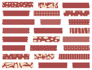Big set of red ribbons. Washi tapes collection with pattern in vector. Pieces of decorative tape for scrapbooks. Set of vintage labels