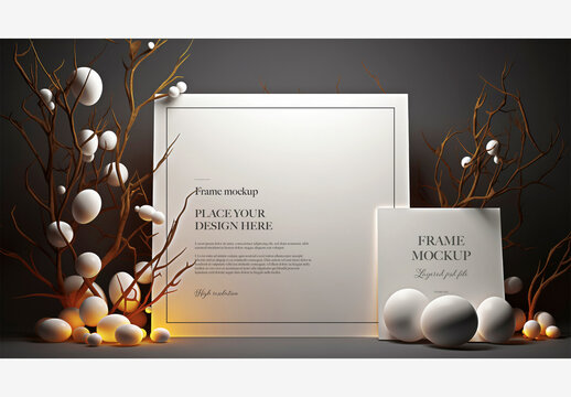 White Blank Board with Eggs and Branches on Dark Background - Birthday Wedding Celebration Frame Mockup
