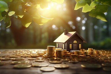 a toy house and coins on top of a background - obrazy, fototapety, plakaty