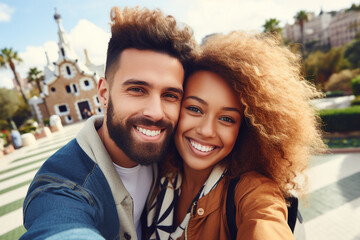 Fototapeta na wymiar Generative AI image of beautiful cute young couple spending honeymoon vacation together