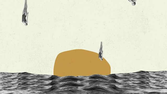 Stop motion. Animation. Young slim woman in swimming suit diving into sea water over light background. Summertime holiday. Minimalism. Retro style