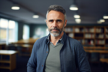 Fototapeta premium Generative AI photo of clever successful confident worker standing in modern class room in front of library bookshelf