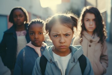 Multiethnic group of schoolchildren with their leader looking at camera with an angry and frustrated expression. Kids are upset and intending to stand up for their rights. Diversity and communication. - obrazy, fototapety, plakaty