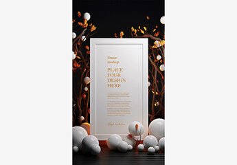Birthday Wedding Celebration Frame Mockup - White Frame with Yellow Leaves on White Rocks and Trees in Black Background