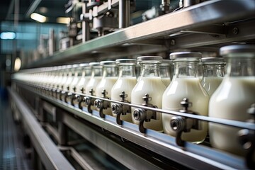 Pasteurized milk bottling line in factory, glass bottles on conveyor. AI generated