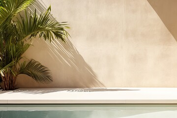 Abstract aesthetic summer background - pool water and concrete wall with the shadow of palm tree. Generative AI