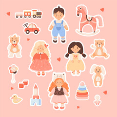 Collection children toys stickers. Cute Kids doll toys girls and funny boy, plush animals, rocking horse, pyramid, car, train, cubes, pacifier and rattle. Vector isolate illustration in cartoon style