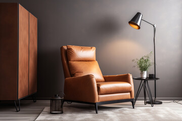 Retro leather armchair takes center stage in a vintage living room with earthy tones
