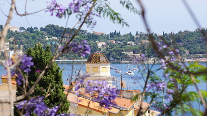 Flowers in front of some houses in Villefranche-sur-Mer in the departement Alpes-Maritimes in the region Provence-Alpes-Côte d’Azur in France, in the month of June