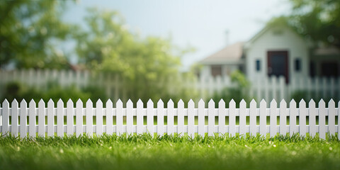 Obraz premium White picket fence in beautiful lawn garden home grass Summer fences, generated ai
