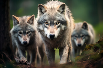 Obraz premium focused shot of a wolf pack in the wild, wildlife photography. Generative Ai