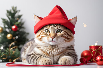 Funny cute cat in a red Santa Claus hat celebrating Happy New Year and a Merry Christmas.
