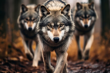 focused shot of a wolf pack in the wild, wildlife photography. Generative Ai