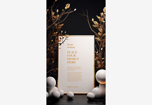 Gold Frame Birthday Wedding Celebration Mockup with White Mushrooms, Branches, and Signboard on Black Background Birthday Wedding Celebration Frame