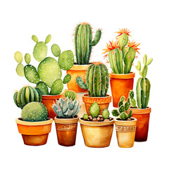 watercolor painting of cactus in pots folkloric theme