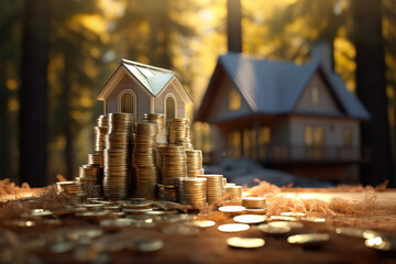 a toy house and coins on top of a background - obrazy, fototapety, plakaty