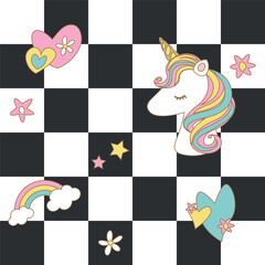 cute unicorn, rainbow, hearts, stars and flowers on checkered board. vector design for fashion, card, sticker, wall art, poster prints