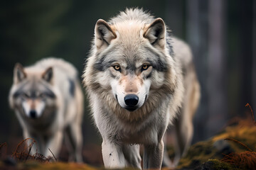 Alpha wolf leading a wolf pack in the wild, wildlife photography. Generative Ai