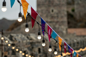 Garland of colorful flags and glowing light bulbs against a defocused background of castle.