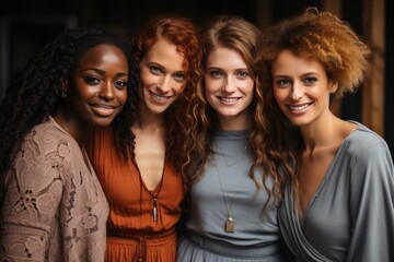 Fototapeta premium Half-length portrait of four cheerful young diverse multiethnic women. Female friends smiling at camera while posing together. Diversity, beauty, friendship concept. Isolated over grey background.