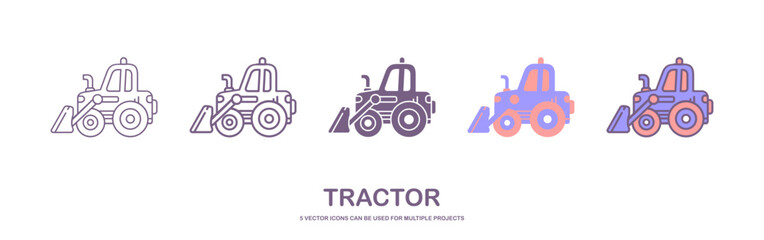 Bulldozer icon. Heavy tracked tractor with blade. Vector simple flat graphic illustration. The isolated object on a white background. Isolated on white background. 5 icons with different styles