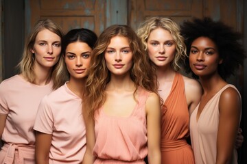 Fototapeta premium Half-length portrait of five cheerful young diverse multiethnic women outdoors. Female friends in beautiful dresses smiling at camera while posing together. Diversity, beauty, friendship concept.