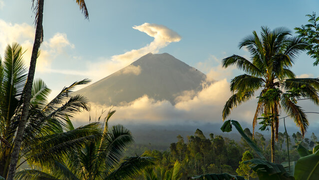Eruption of Volcano Semeru on the island of Java. The volcano emits ash and smoke. Natural disaster. December 2022.