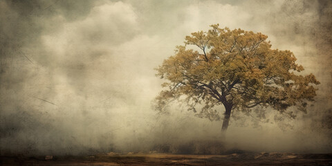 Obraz na płótnie Canvas Single tree in minimal misty woodland colour background backdrop, generated ai